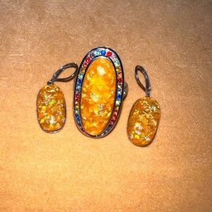 Vintage large orange created opal ring & leverback Earrings set